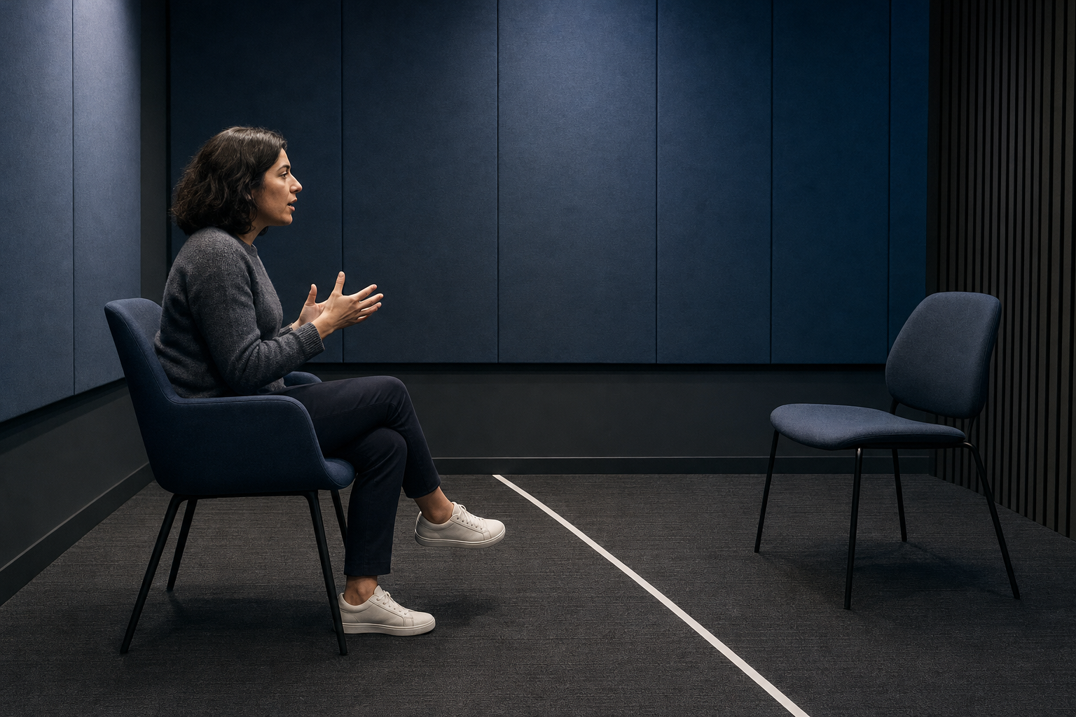 An adult participant rehearses a difficult conversation across an empty chair in a quiet practice room.