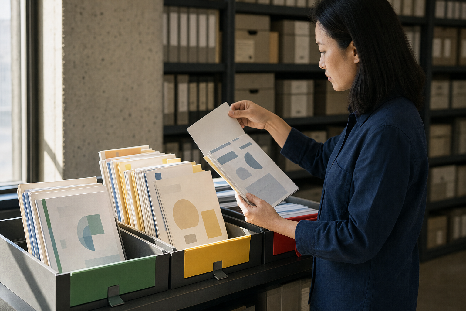 A reviewer compares abstractly marked training materials in approved, outdated and restricted trays at an enterprise learning archive.