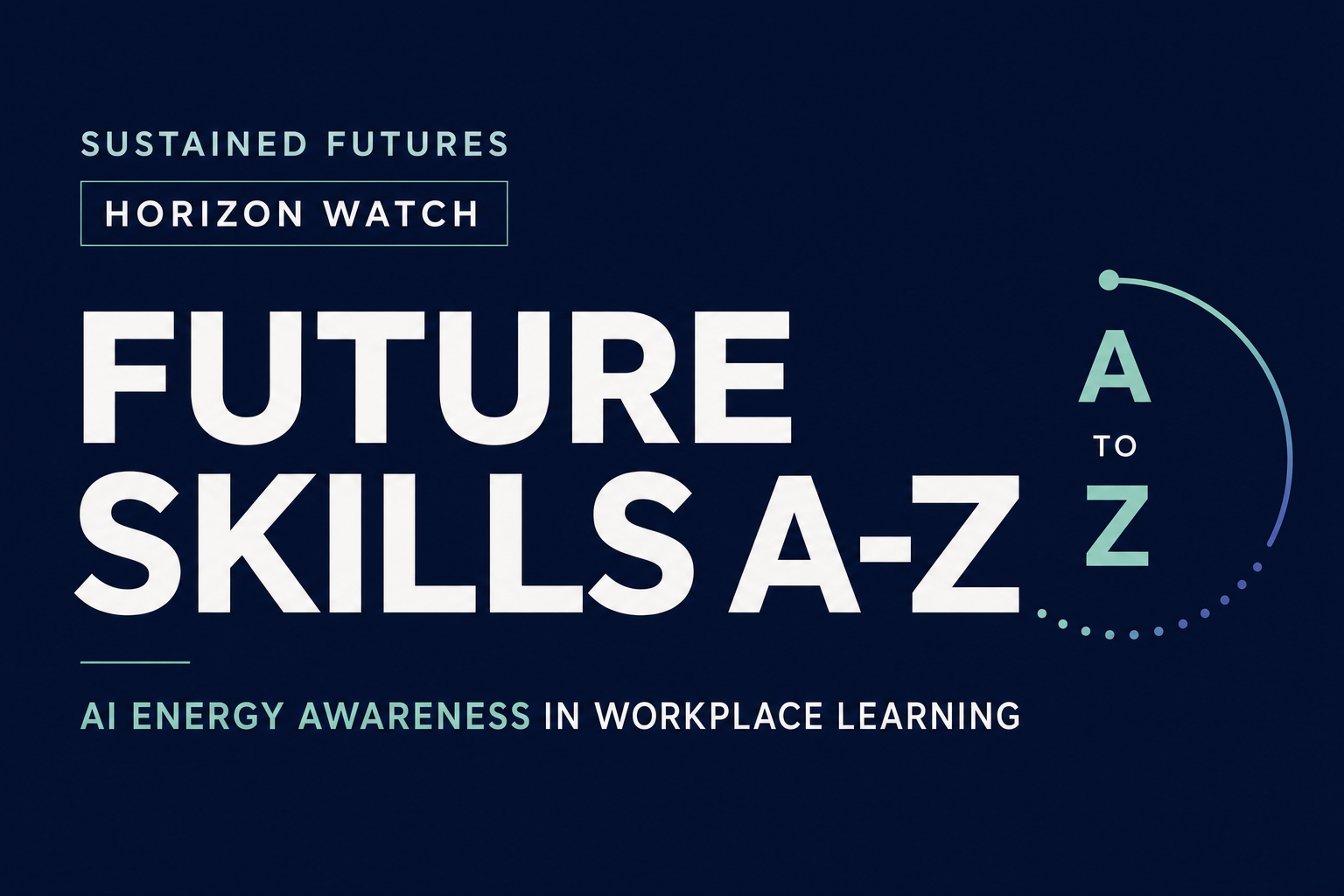 A restrained editorial title card reading “Future Skills A-Z” and “Horizon Watch,” with a subtitle about AI energy awareness in workplace learning.