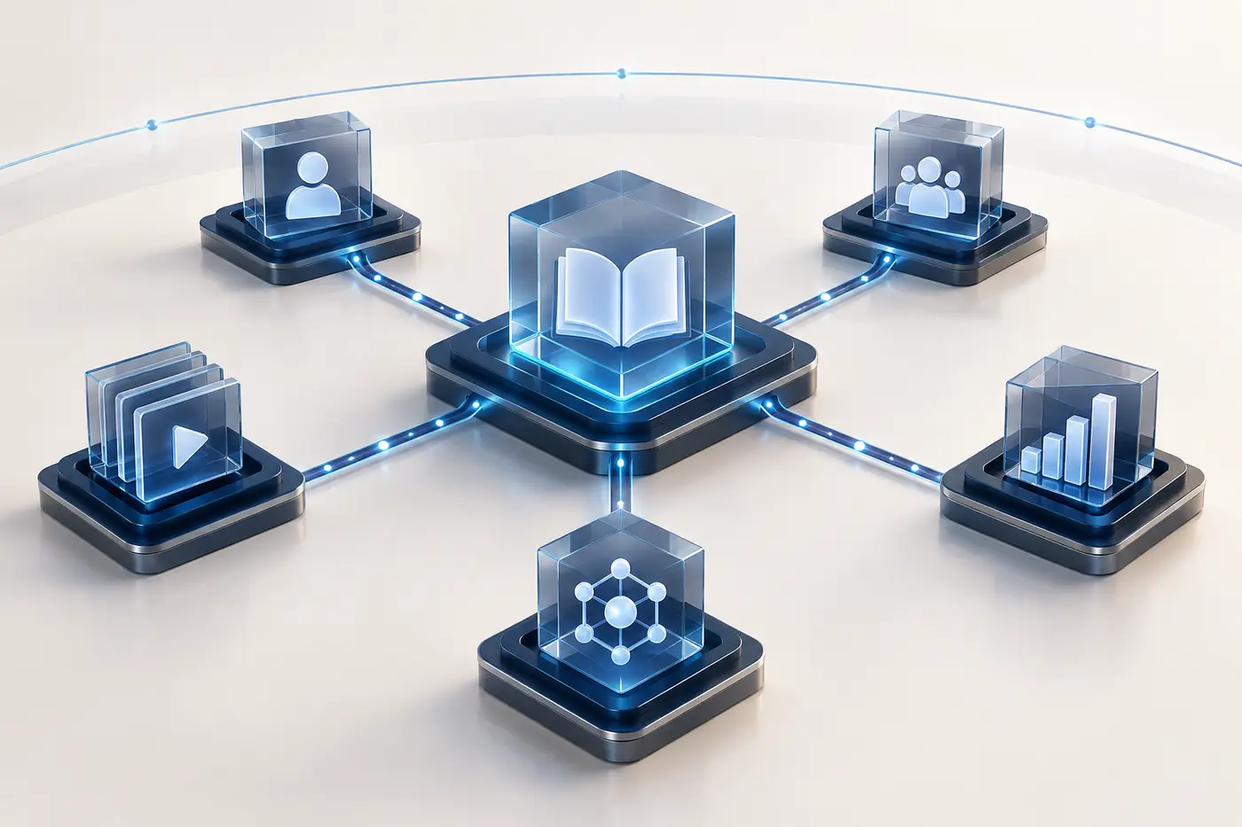 An abstract enterprise learning platform connected to workforce, content, skills and analytics systems.